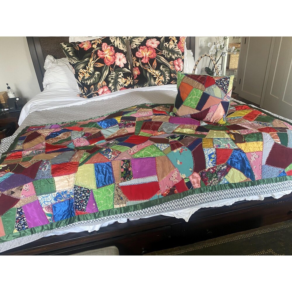 1940s Vintage Crazy Quilt with Matching Throw Pillow: Novelty Print Fabrics